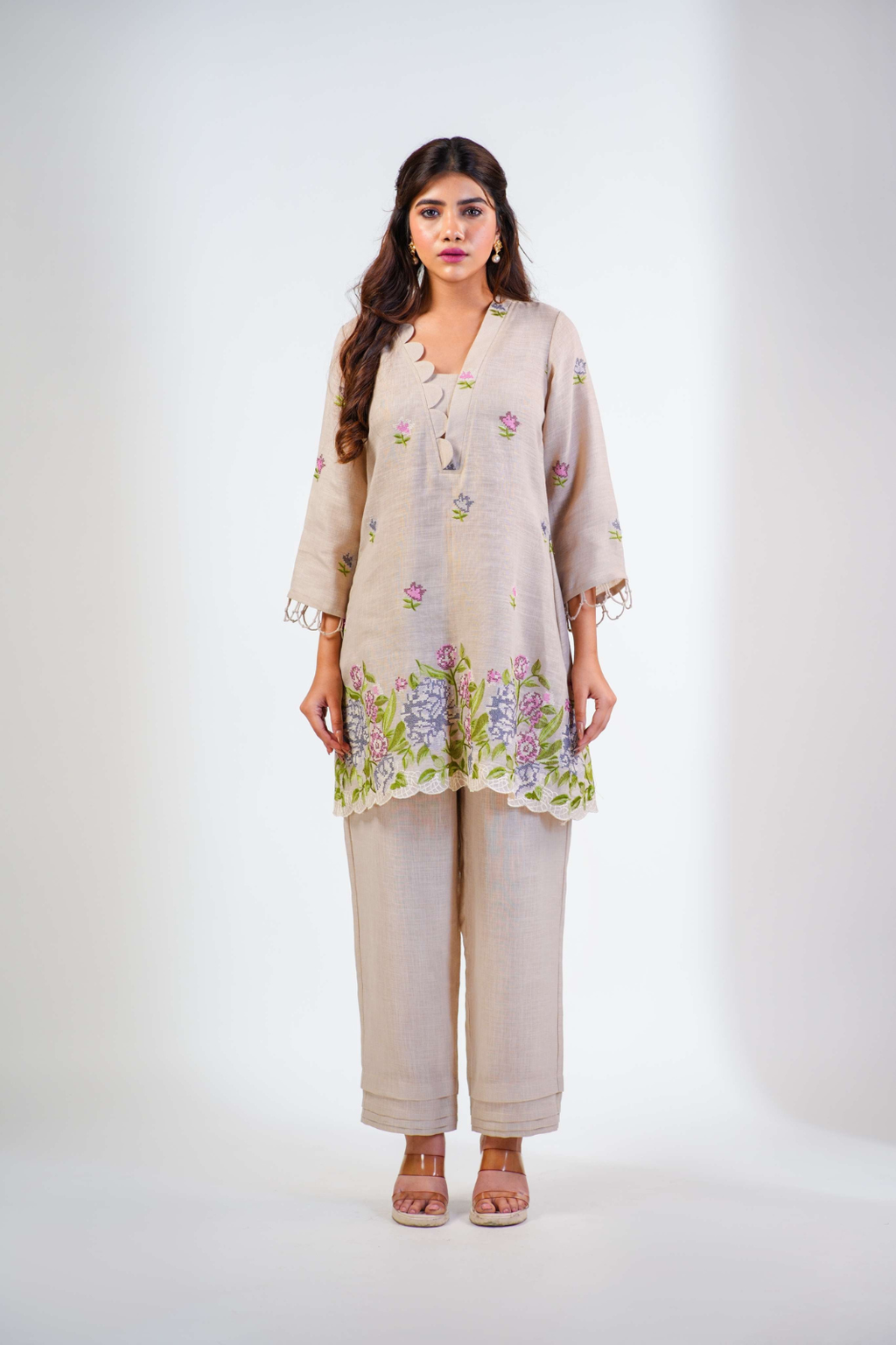 CROSS STITCH SCALLOP CO-ORD SET-BEIGE