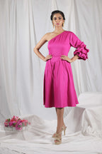 CRUMPLED SLEEVES ONE SHOULDER DRESS