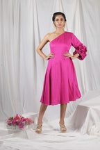 CRUMPLED SLEEVES ONE SHOULDER DRESS
