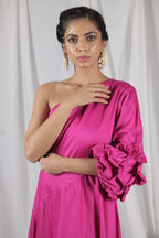 CRUMPLED SLEEVES ONE SHOULDER DRESS